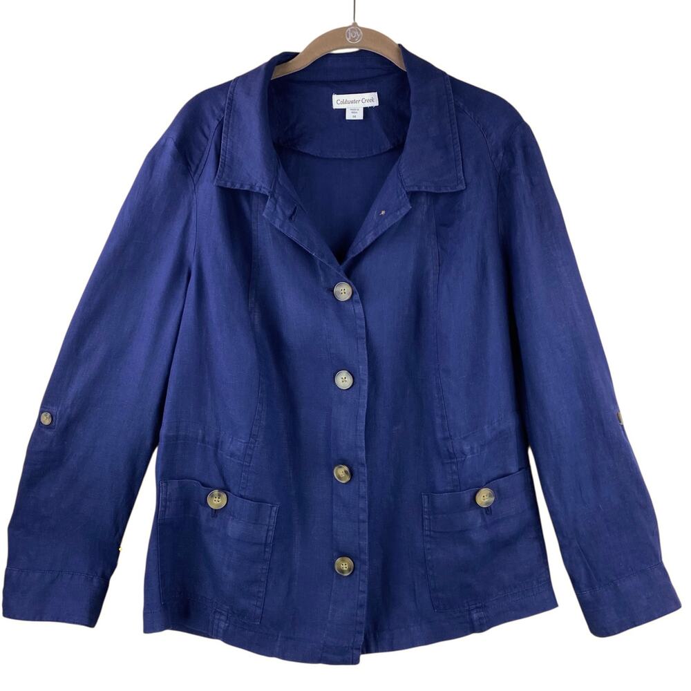 100% Linen Shirt Jacket Blue Size 14 Beach Cruise Resort Nautical